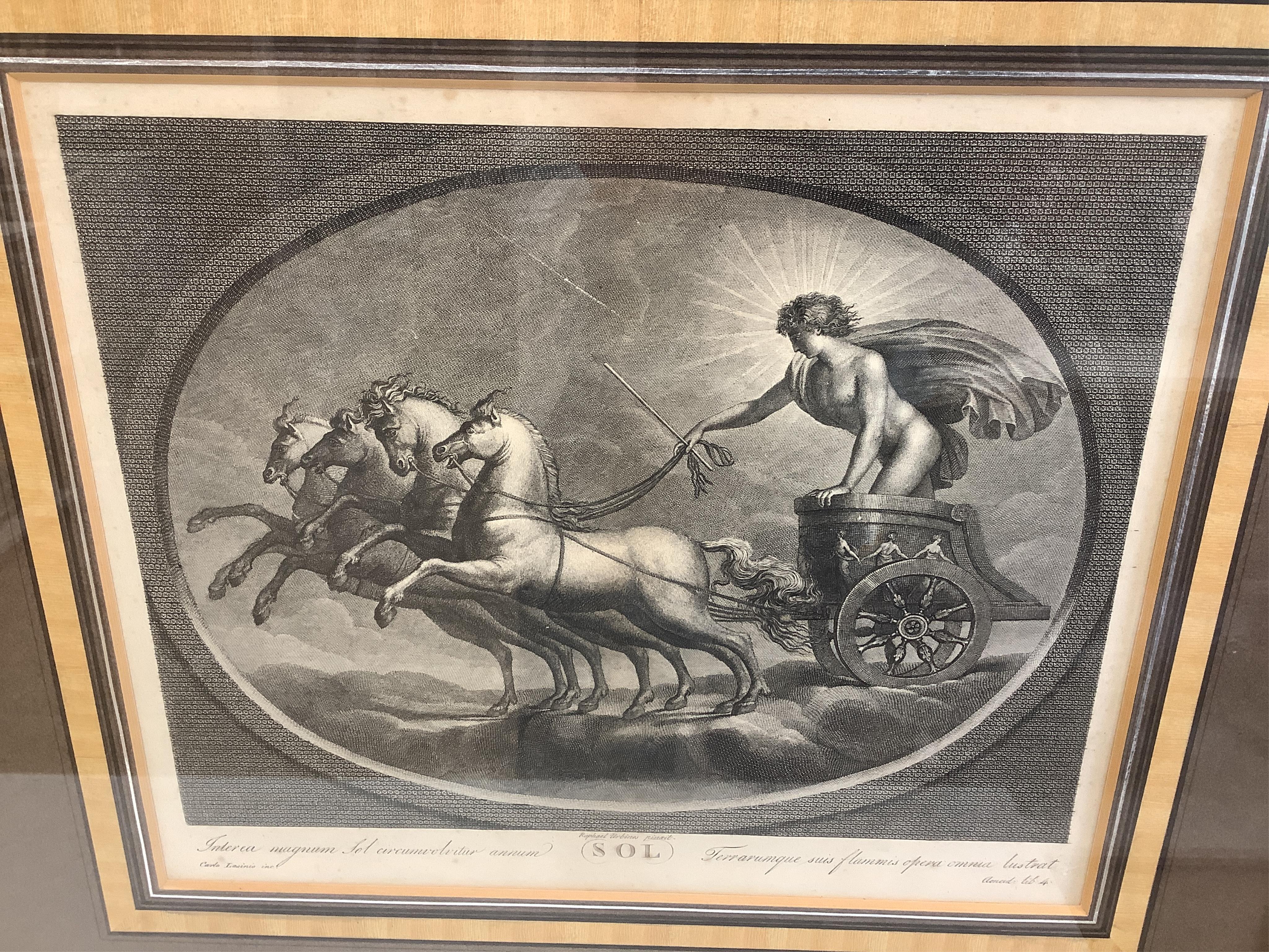 After Carlo Lasinio (Italian, 1759-1838), Roman gods to include, ‘Lunar’, ‘Jupiter’ and ‘Venus’, a set of seven engravings, each 23 x 40cm